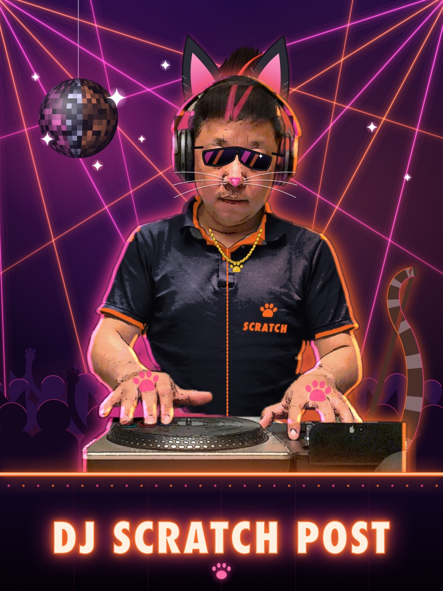 Poster of Mike as DJ Scratch Post: cat ears, cat-eye sunglasses, whiskers, a styled quiff with a pink streak, a black DJ top with a SCRATCH paw print and a gold chain, headphones on, hands on the turntable under orange and pink lasers, with a disco ball, a cat-eared crowd and a striped tail.